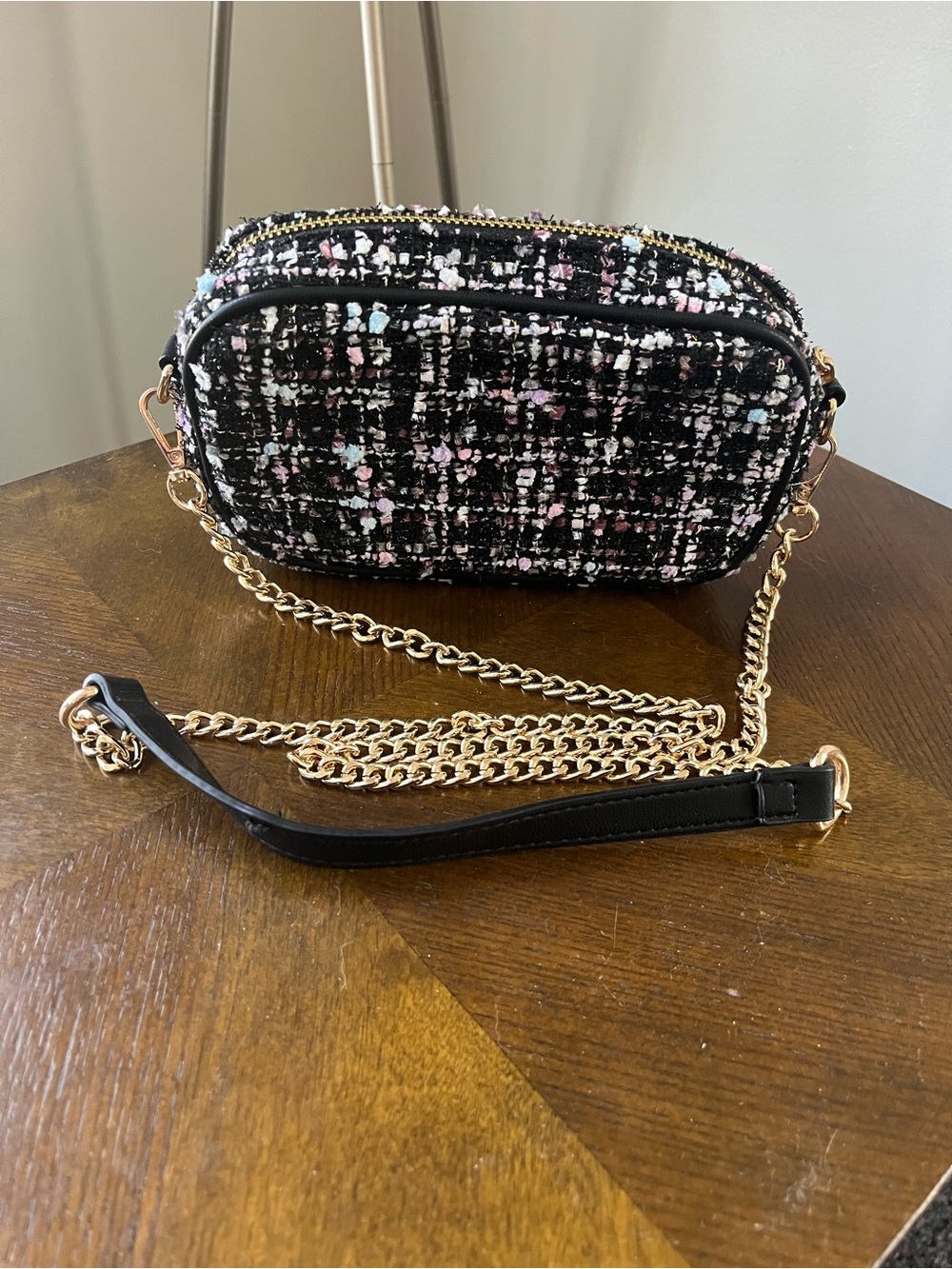 Tweed Crossbody Camera Bag with Chain Strap - Black Multi